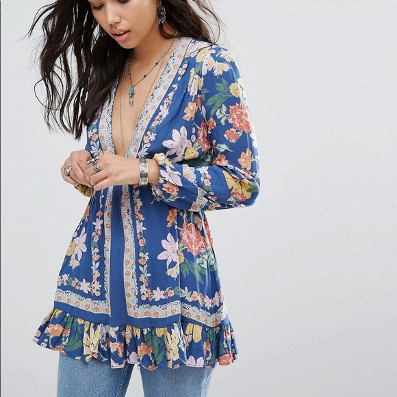 Free People Tops - Free People Violet Hill Printed Tunic Blue Floral Multi Size 4